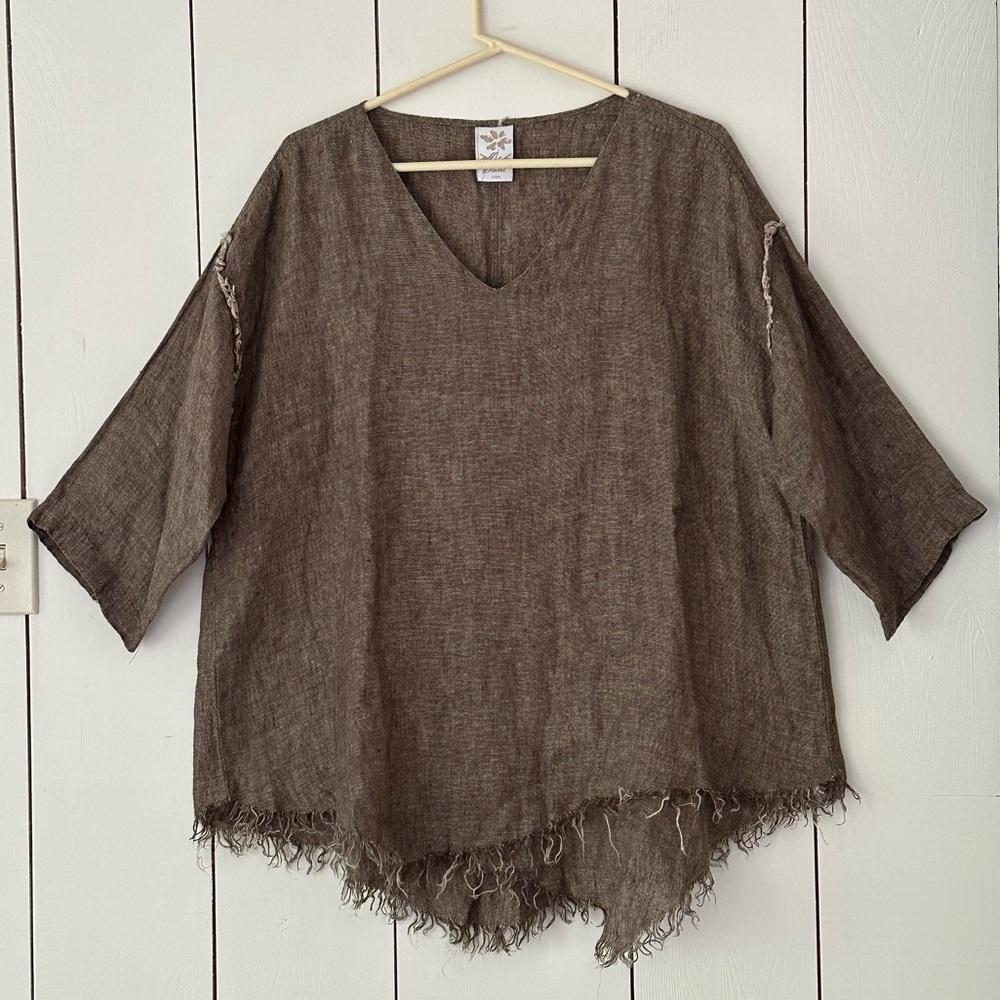 Match Point Linen Top Oversized Lagenlook Sz M Brown/Tan Lagenlook Minimalist